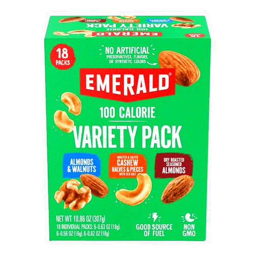 Emerald Nuts Mixed Nuts Variety Pack 18ct (1-Pack) , 100-Calorie Individual Packs , Features Dry Roasted Almonds, Natural Almonds & Walnuts, and Roasted & Salted Cashews