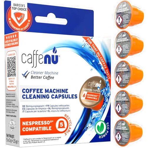 Caffenu Nespresso Compatible Cleaning Pods. 5 Cleaner Capsules. Improved Coffee Flavor. For Nespresso Originaline, Use with Descaling Kit.