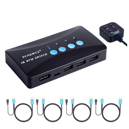 TCNEWCL KVM Switch 4 Port, HDMI KVM Switcher 4Kx2K@30Hz for 4 Computers Sharing 1 HD Monitor and 3 USB Devices Keyboard Mouse Printer,Including 4*KVM Cables &1* Wire Desktop Controller