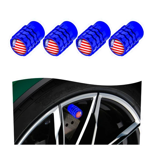 Dickno 4 PCS Tire Valve Stem Caps, Leakproof Car Tire Air Valve Stem Covers with Rubber Ring, Corrosion Resistant Auto Tire Valve Stem Cap Cover, Universal Vehicle Accessories (Blue, Red US Flag)
