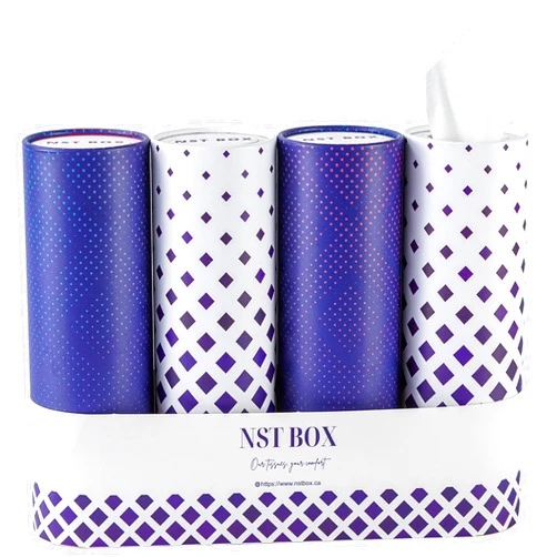 NST BOX Car Tissue Holder, 4-in-1 Set of Travel Tissues with 50 Tissues Per Box, Sleek Cylinder Tissue Holder in Car with Easy Open Lid, 2-Ply Car Tissues for Home, Office and Trips, Purple/White