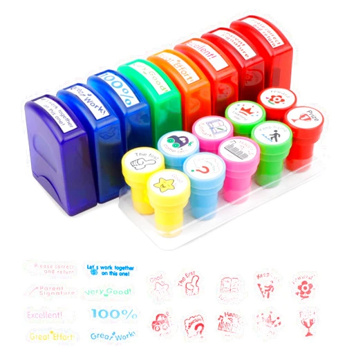 IBEQUEM 18Pcs Teacher Stamps for Grading Classroom, Parent Signature Teacher Self-inking Motivational Encouraging Comments Stamp Set for School Supplies Review Homework Reward with Tray Teachers' Day