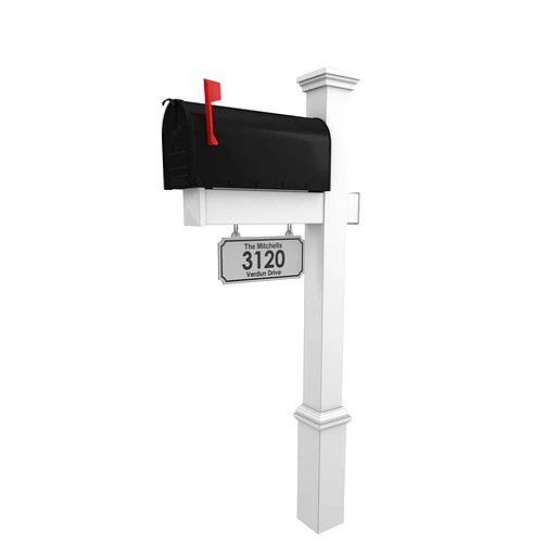 4Ever Products Vinyl Mailbox Post System - Includes Black Steel Mailbox and Custom Address Plate (White)