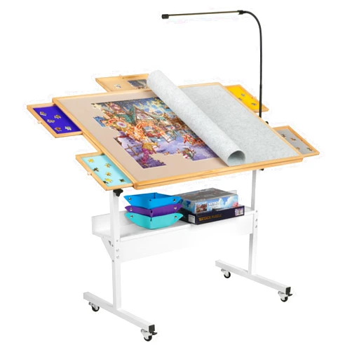 Tektalk Jigsaw Puzzle Table with LED Light, Jigsaw Puzzle Board with Angle & Height Adjustment, Wooden Plateau with Cover, Enclosed with 4 Roller Wheels, for Up to 1500 Pieces