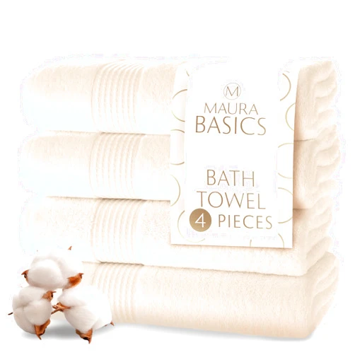 MAURA Basics Performance Bath Towels 100% Turkish Cotton with Hook Loops. Extra Large Luxury Absorbent Plush Towel Sets for Bathroom, Daily Use American Standard Size 27”x54”, Cream