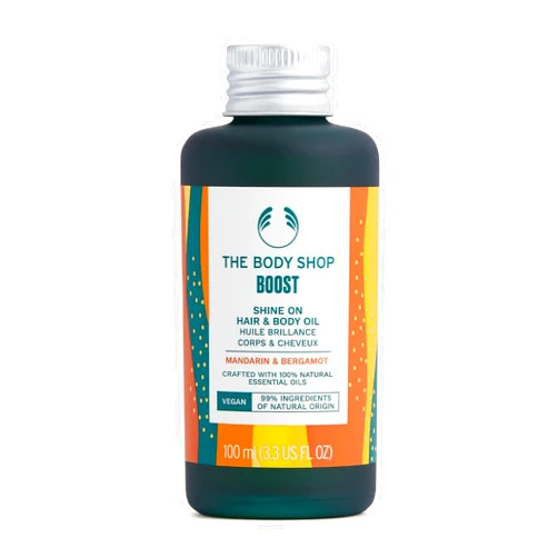 The Body Shop Boost Shine On Hair & Body Oil, Mandarin and Bergamot Essential Oil – Revitalizes Hair & Body with a Healthy Glow – Vegan – 3.3oz