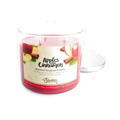 Shortie's Candle Company Apples & Cinnamon Highly Scented Natural 3 Wick Candle, Essential Fragrance Oils, 100% Soy, Phthalate & Paraben Free, Clean Burning, 14.5 Oz.