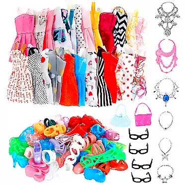 Angel 32 Item/Set Doll Accessories=10 Mix Fashion Cute Dress+ 4 Glasses+ 6 Necklaces+2 Handbag+ 10 Shoes Dress Clothes for Barbie Doll