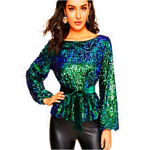 Anna-Kaci Long Sleeve Sequin Crew Neck Fashion Pullovers Sweatshirt Evening Party,