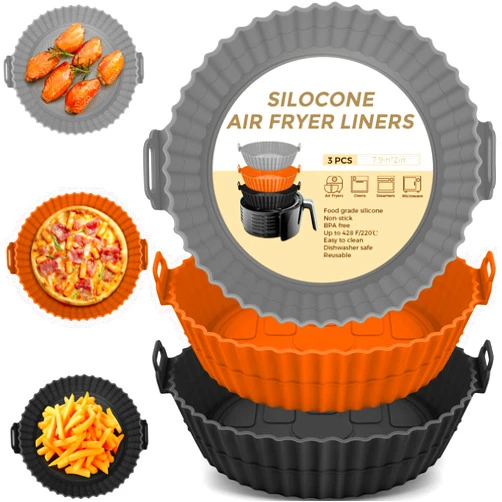 Buauty 3 Pack Air Fryer Silicone Liners 8inch Air Fryer Silicone Pot Reusable Food Grade Silicone Airfryer Liners Baking Basket Accessories Replacement of Flammable Disposable Parchment Paper