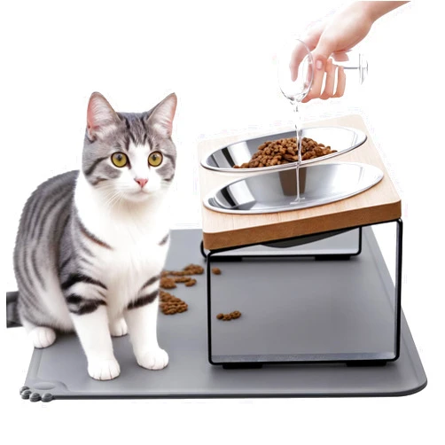 Summark Upgraded Elevated Cat Bowls with Food Mat,15°Tilted Stand Anti Vomiting Raised Cat Dishes for Food and Water,2 Stainless Steel Bowls for Cats and Puppy