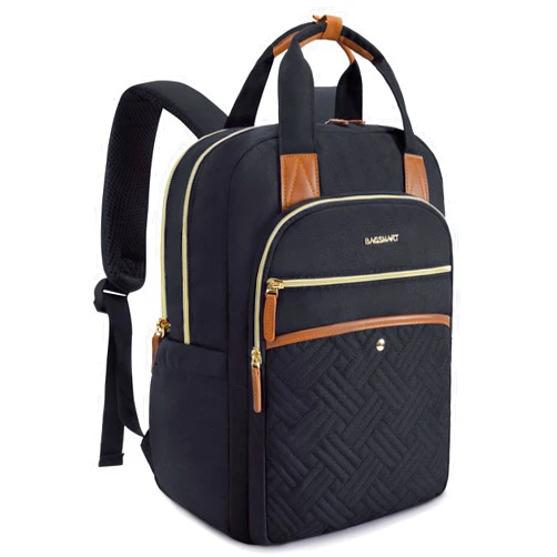 BAGSMART Women's Laptop Backpack, 15.6 Inch, Quilted Black, USB Charging Port, Ergonomic Design, Large Capacity
