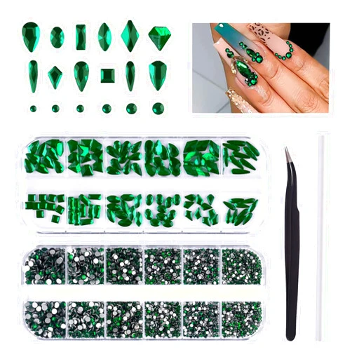 EBANKU 3120 Pcs Green Gems Nail Art Rhinestone Kit EBANKU Emerald Green Rhinestones Nail Art Crystal Flatback Diamond Jewels with Tweezers and Drill Pen for Nails Faces Eyes Makeup Crafts