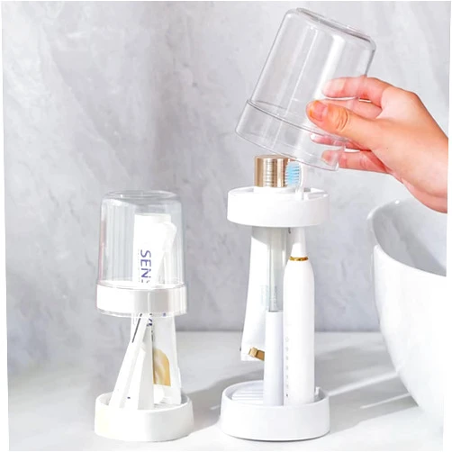 Junvaia 1 Pack Toothbrush Holder Stand with Cover/Cup & 2 Slots, Height Adjustable Electric Toothbrush Holders for Bathrooms, Compatible with Toothpaste, Conventional or Electric Toothbrushes Storage