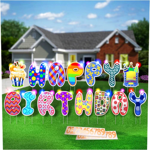 Duhanln Happy Birthday Yard Sign with Stakes - 15.4 Inch Lawn Sign with 20 Pcs Number Stickers and 19 ft LED Lights, Outdoor Birthday Decoration Party Supplies