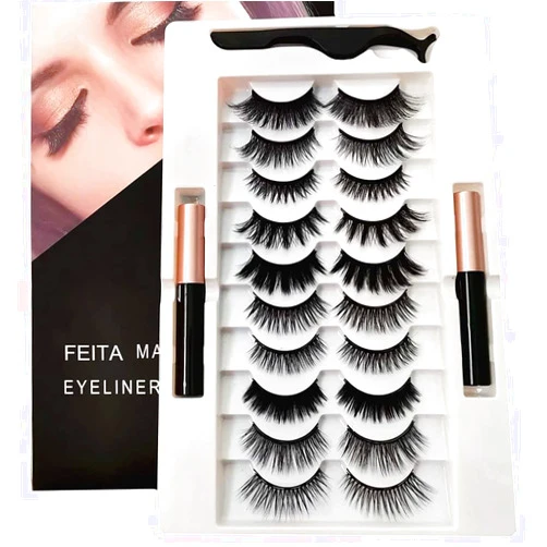 FEITA Upgraded Magnetic Eyelashes Kit with Eyeliner - 10 Pairs Magnetic False Lashes Natural Look with Applicator, 2 Tubes Magnetic Eyeliner - Easy to Apply & No Glue Needed Black