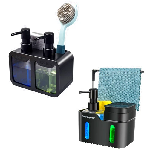 Bestseek 4-in-1-in-1and 4-in-1 Kitchen Hand Soap and Dish Soap Dispenser Set, Dual Soap Dispenser with Sponge Caddy and Brush Holder for Kitchen Sink Countertop (Black)