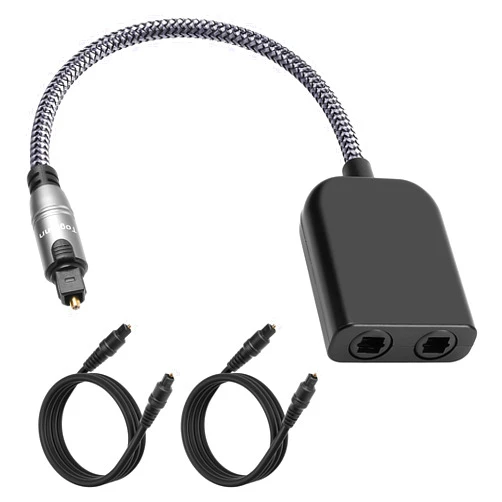 Togconn Digital Optical Adapter Splitter 1 in 2 Out, Toslink Digital Audio Fiber Optic Cable Splitter 1x2 for Soundbar, Headphones,TVs -with 2 Optical Audio Cables 6 Feet