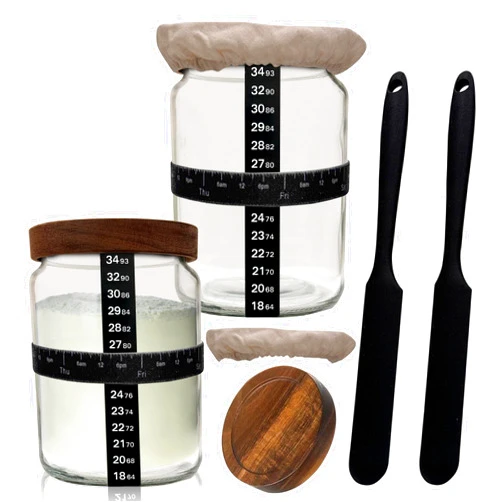 NAYYAB PRODUCTS Sourdough Starter Jar Kit Pack Of 2, 24oz Jar with Wooden lids, Ounce Scale Line, Silicon Scraper, Cloth Cover, Thermometer Sticker, Date Marked Feeding Band