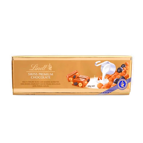 Lindt Gold Milk Hazelnut & Raisin Bar 300g (Pack of 1)
