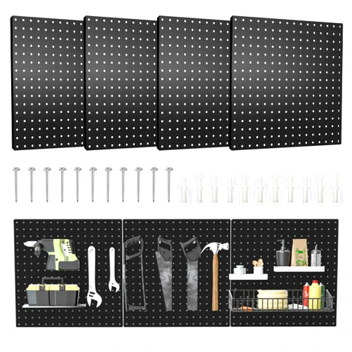 Hogurity Pegboard, 4 PCS 16”×16” Large Heavy Duty Metal Pegboard Panels with Frame Black Peg Board Display Peg Boards for Walls, Display, Garage Tool Storage, Office Organization, Craft Room, Kitchen