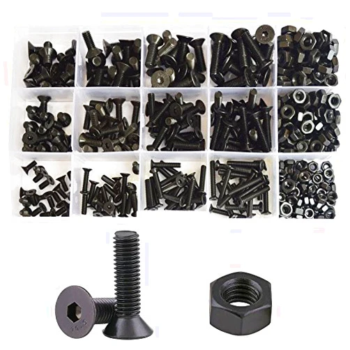 DANA FRED 440 Pieces Flat Hex Socket Head Cap Screws Kit Metric Thread Hexagon Allen Head Drive Countersunk Machine Bolts Nuts Standard Fastener Hardware Assortment Kit Set Alloy Steel 10.9 Class Black M3 M4 M5