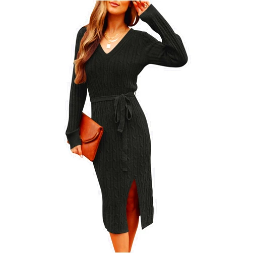 MEROKEETY Women's V Neck Cable Knit Sweater Dress Long Sleeve Bodycon Slit Pullover Midi Dress with Belt