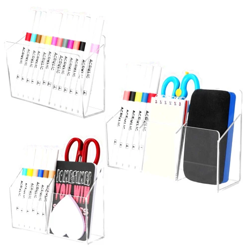 Beeveer 3 Pcs Acrylic Wall Mount Marker Holder 1/2/3 Compartment Dry Erase Marker Organizer Clear Pen Pencil Holder Whiteboard Accessories for Locker Classroom Makeup Brush Remotes Chalk
