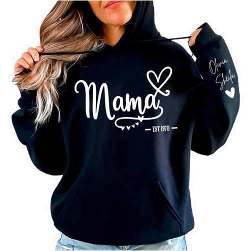 IZI POD Personalized Mama Est Shirt, Custom Grandma Mom Shirt with kid name on sleeve, Gift for Mothers day, Christmas