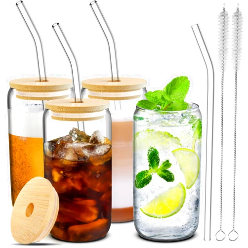 Dealusy 4 Set Glass Cups with Lids and Straws 16 oz, Glasses Drinking Set, Iced Coffee Cup with Bamboo Lids, Drinking Glasses Tumbler with Straw and Lid, Glass Can Coffee Cups, Drinking Glassware, 2 Brushes