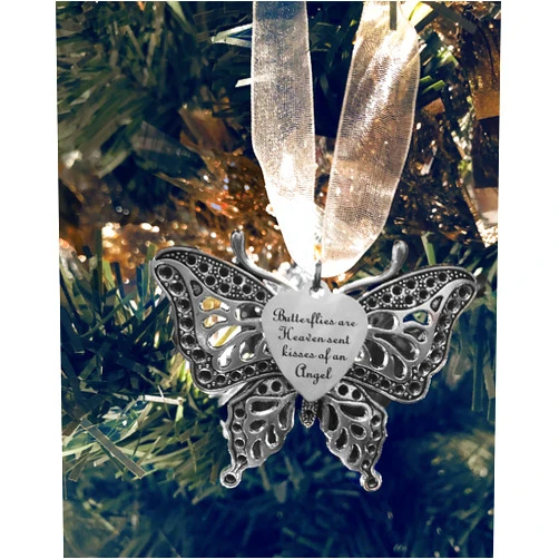 Heart Projects Butterflies are Heaven Sent Kisses of an Angel and Large Antique Silver Tone Butterfly Charms Ornament, Memorial Remembrance Lost Loved Ones Ornament Keepsake Gift