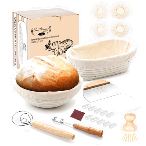Saint Germain Bakery Premium Round Bread Banneton Basket with 4 Liners - Perfect Brotform Proofing Basket for Making Beautiful Bread (Bread Bundle (9 in. Round / 10 in. Oval))