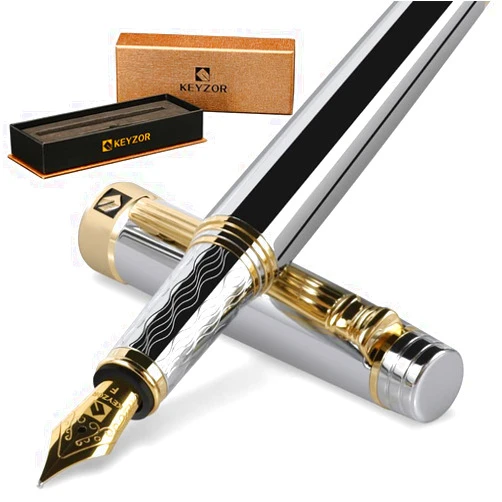 KEYZOR Luxury Fountain Pen Fine Nib For Writing,Refillable Ink Converter,24k Gold Trim Pens Gift Set For Men &Women,Professional,Business,Office