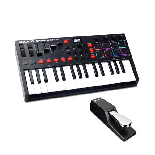 M-Audio MIDI Controller Bundle - 32-Key USB MIDI Keyboard Controller with Beat Pads, Sustain Pedal and Software Suite - M-Audio Oxygen Pro Mini and SP-2