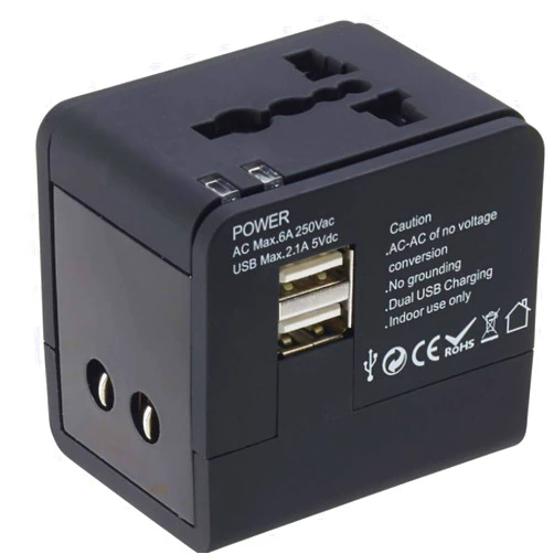 Lewis N. Clark Global Wall Adapter + Portable Charger with Dual USB Ports for Standard + Recessed Outlets (over 175 countries) for Cell Phones, Tablets, Laptops, Black