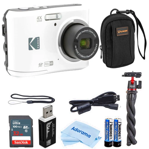Kodak PIXPRO FZ45 Friendly Zoom 16MP Full HD Digital Camera, Bundle with 32GB Memory Card and Camera Bag, Flexible Tripod, and Card Reader (White)