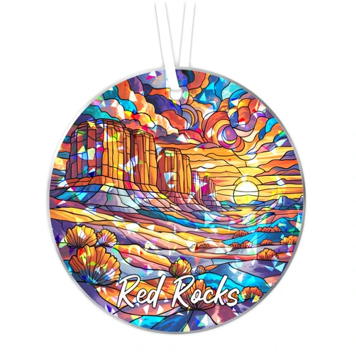 Ezen66Gifts Red Rocks Stained Glass Ornament, Hologram Suncatcher with 2-Sided Printing, Broken Glass Acrylic Tree Decoration, Hanging Car & Window Decor Gift for Traveler and Friends Family