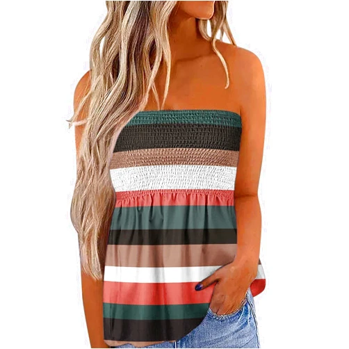 ZAKAY Women's Tube Tops Summer Casual Bandeau Tank Casual Pleated Stretch Strapless Blouse Off The Shoulder Tunic Shirts