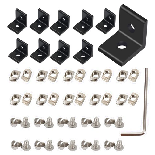 KOOTANS 10Set 2020Series 2 Hole 90 Degree Inside Corner Bracket Kit, Black L Corner Bracket for 2020 Aluminum Extrusion Profile 6mm Slot with 20pcs M5 T Nuts, 20pcs M5 Hex Screw, 1pcs Wrench