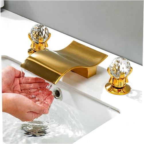 DEOLER Widespread Bathroom Sink Faucet with Crystal Knob 3 Hole Waterfall Vanity Faucet 8 Inch Crystal Bathroom Faucets Deck Mount Basin Mixer Tap with Hose, Polished Gold