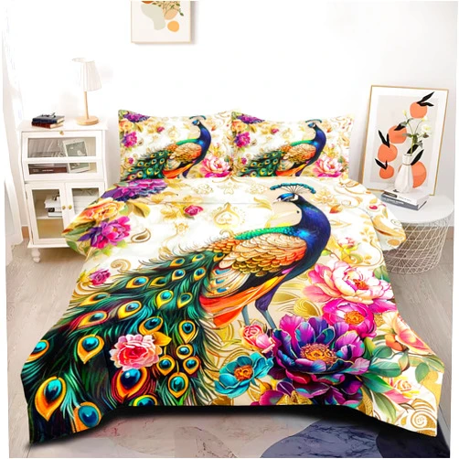 CCoutueChen Peacock Comforter Set Queen Size Elegant Gorgeous Flower Bedding Sets Floral Bird Comforter Exotic Animal Feather Bed Set 3Pcs Soft Fluffy Lightweight Comforter (Girls Women Adult)
