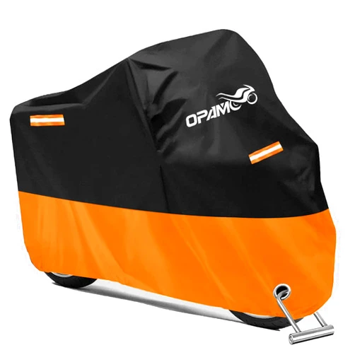 OPAMOO Motorcycle Scooter Cover Waterproof Outdoor - Large Medium XL 250cc 150cc 50cc Scooter Shelter for Harleys All Weather Motorbike Protection with Lock Holes Tear-Proof Heavy-Duty (Orange)