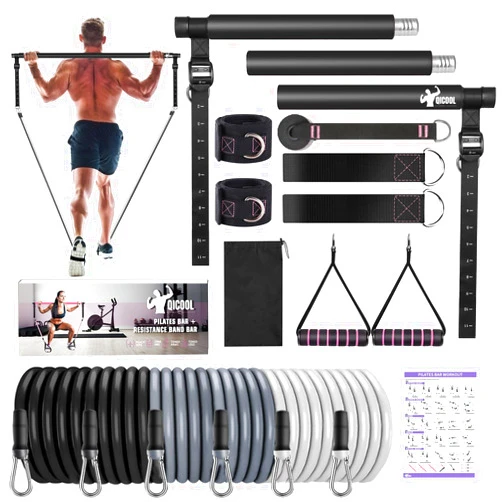 Qicool Pilates Bar Kit with Resistance Bands,Qicool Pilates Resistance Bands Exercise Fitness Equipment for Women & Men Home Gym Yoga Pilates