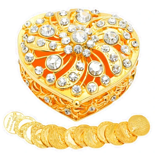 Jowgut Wedding Arras Coins Set, Arras Para Boda Catolica, Gold Heart Shaped Box with 13 Virgien of Guadalupe Coins, Decorative Rhinestone Box Wedding Accessories for Ceremony