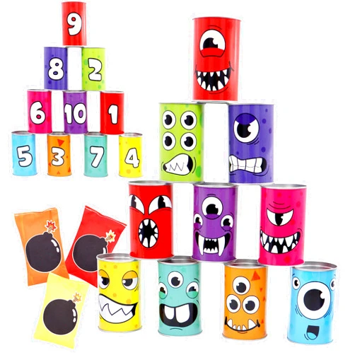 JOYIN 13 Pcs Carnival Bean Bag Toss, Knockdown Can Game Set, Holiday & Birthday Party Games, Outdoor Lawn Yard Activity for Kids Party Favors, Easter Egg Hunt for Classroom Gifts (Monster Style)
