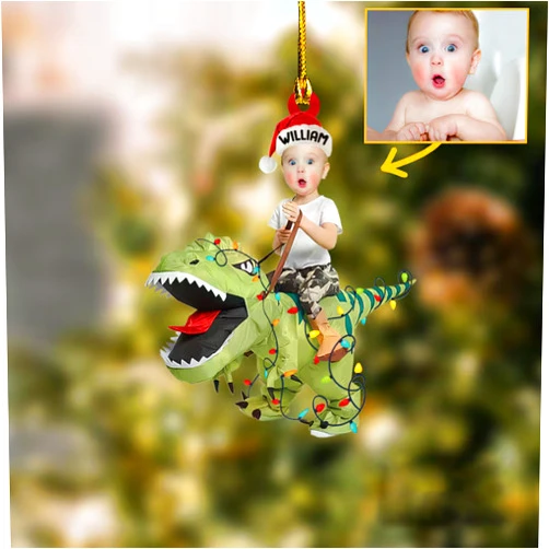 LIPDO 2D Flatten Ornament Baby First Dinosaur Christmas Ornament for Kids - Personalized Baby Photo Ornaments - Baby Face Ornament - 2024 Custom Photo Baby Ornament for Baby's 1st Christmas (Type 1)