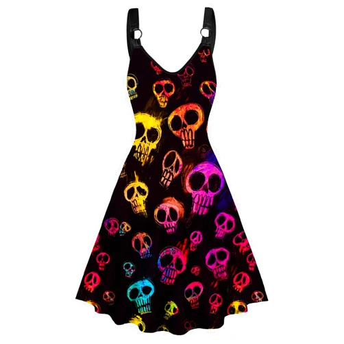 FEAPHY Women's Gothic Dress Skull Print Sleeveless Tank Scoop Neck A-Line Midi Dress
