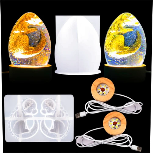Voaesdk 3D Dragon Egg Light Resin Mold,Dragon Silicone Mold Set with 2 Pcs USB Powered Wooden Lighted Base Stand for DIY Resin Epoxy Casting Craft Polymer Clay Table Lamp Home Decor