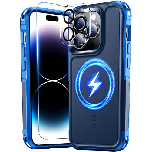 Temdan Magnetic for iPhone 14 Pro Case,[Compatible with MagSafe][2 Pcs Glass Screen Protector+Camera Lens Protector] Heavy Duty Shockproof Phone Case-Blue