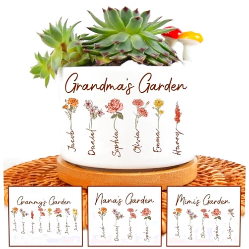 IZI POD Personalized Grandma's Garden Plant Pot, Custom Mom's Garden Plant Pot, Custom Birth Month Flower Pot, Gifts for Women, Grandma, Mom, Birthday, Mother's Day, Thanksgiving, Christmas G4